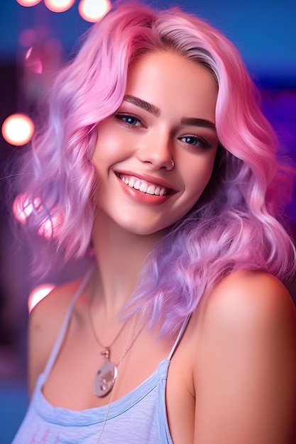 Mulher com cabelo rosa está sorrindo para a câmera e tem um colar no pescoço Generative AI