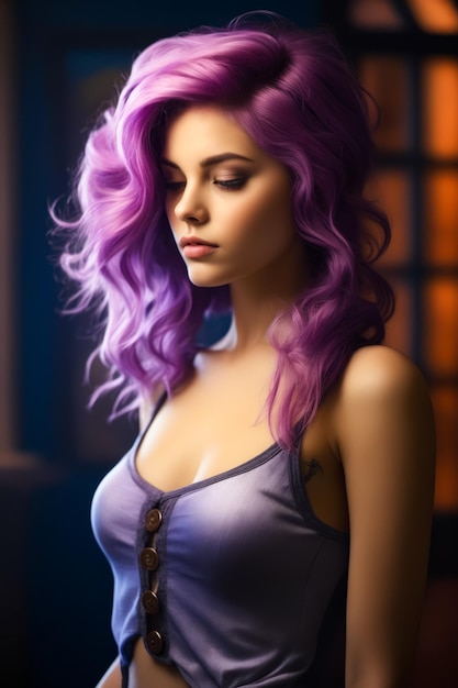 Mulher com cabelo roxo e camisola cinzenta IA generativa