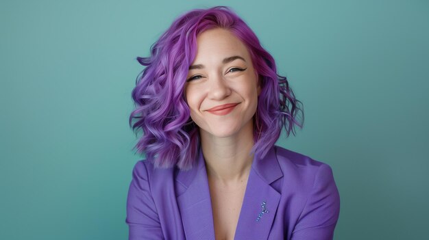 Mulher com cabelo roxo sorrindo