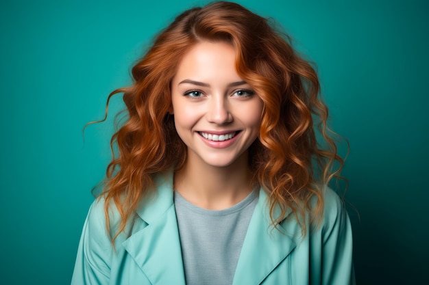 Mulher com cabelo vermelho e casaco azul sorrindo IA generativa