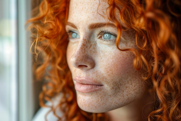 Mulher com cabelo vermelho encaracolado e sardas olhando pela janela com luz natural lançando um brilho quente em seu rosto