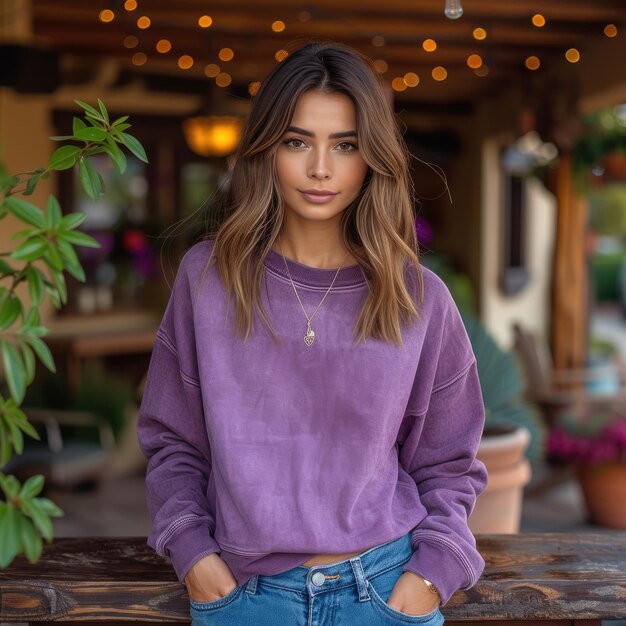 mulher com cabelos de comprimento do ombro vestindo camisola e jeans azuis de frente para a câmera