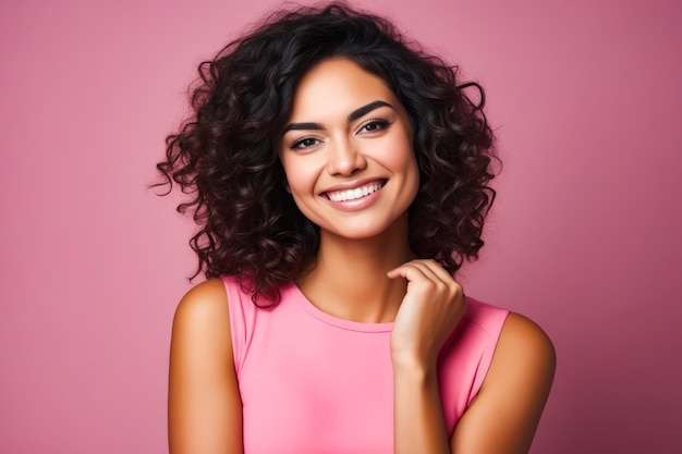 Mulher com cabelos encaracolados sorrindo e posando para foto IA generativa