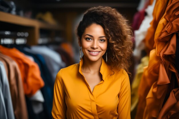 Foto mulher com cabelos encaracolados sorrindo para a câmera na loja ai generativa