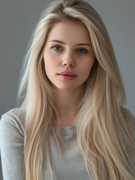 mulher com cabelos loiros longos posando para uma foto