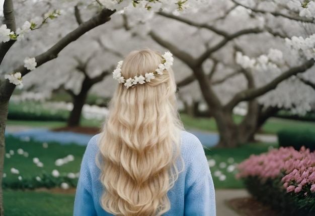 mulher com cabelos loiros longos vestindo um suéter de cor pastel de pé sob árvores de cerejeira em flor