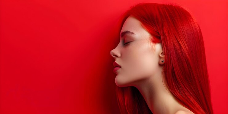Foto mulher com cabelos longos e vermelhos contra um fundo vermelho vibrante fotografia de retrato conceitual cores vibrantes fundo vermelho retrato de mulher de cabelos compridos e vermelhos
