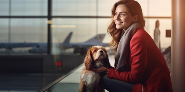 Mulher com cachorro no aeroporto bela imagem de ilustração IA generativa