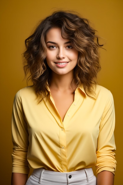 Mulher com camisa amarela e sorriso no rosto IA generativa