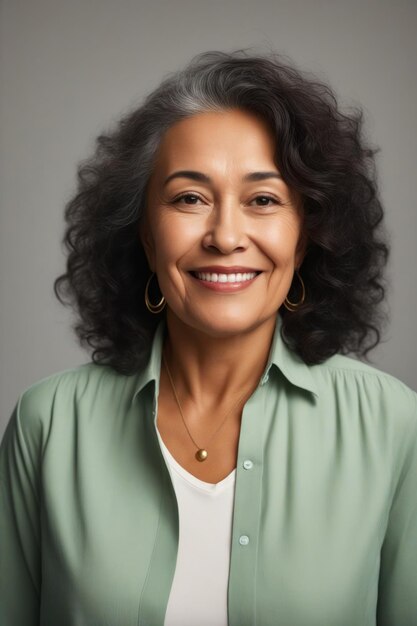 Mulher com camisa verde e brincos dourados sorrindo IA generativa