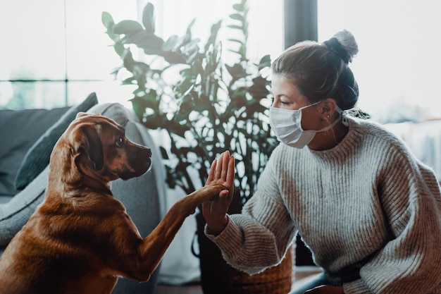 Foto mulher com cão por planta em casa