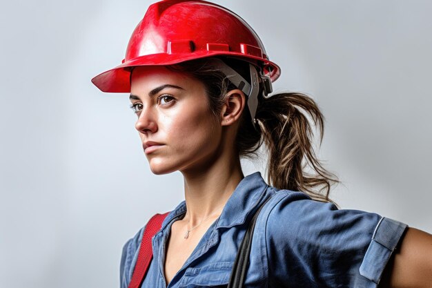 Mulher com capacete de segurança isolado com fundo branco com tema do Dia do Trabalho