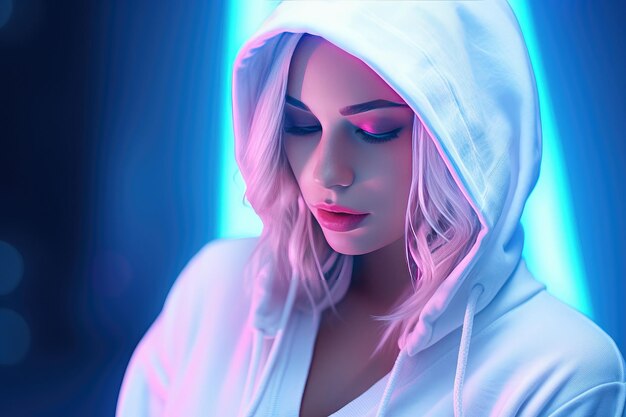 Mulher com capuz branco contra um fundo de luz neon