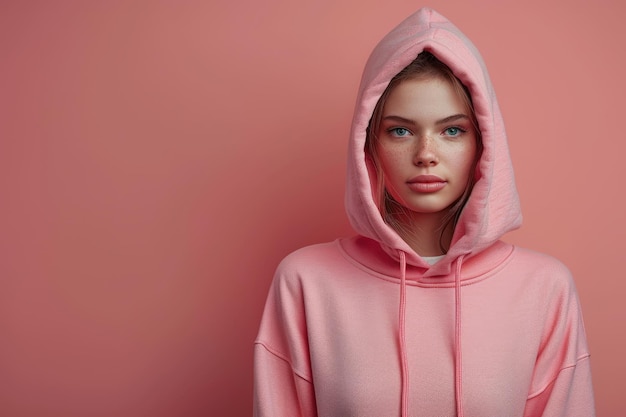 Mulher com capuz rosa contra a parede rosa IA generativa