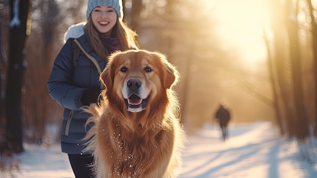 Mulher com casaco de pele de carneiro e chapéu com cachorro golden retriever na floresta nevada no inverno