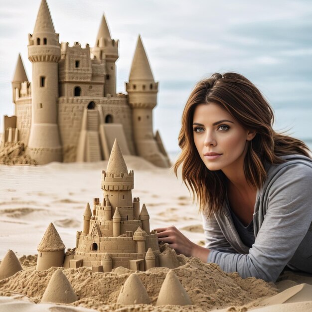 Foto mulher com castelo de areia na praia