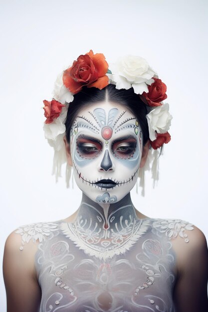 Mulher com caveira colorida Conceito de festival do Dia dos Mortos gerado por Ai