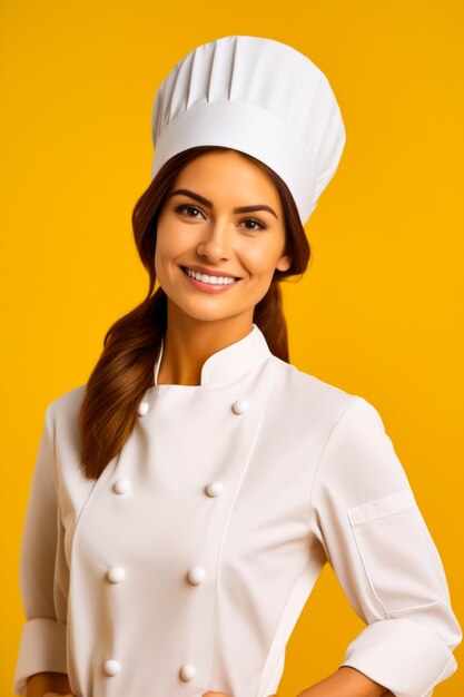 Foto mulher com chapéu de chef está sorrindo ia generativa