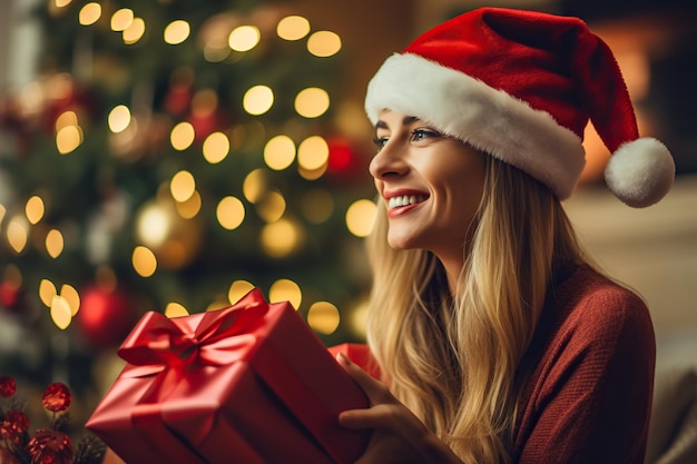 Mulher com chapéu de Natal e um presente em frente a uma árvore de Natal em casa de luxo