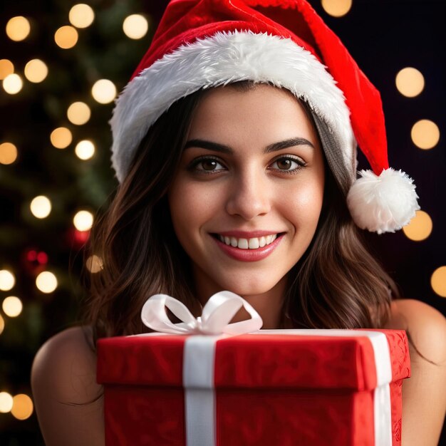 Mulher com chapéu de Papai Noel oferecendo presente de Natal