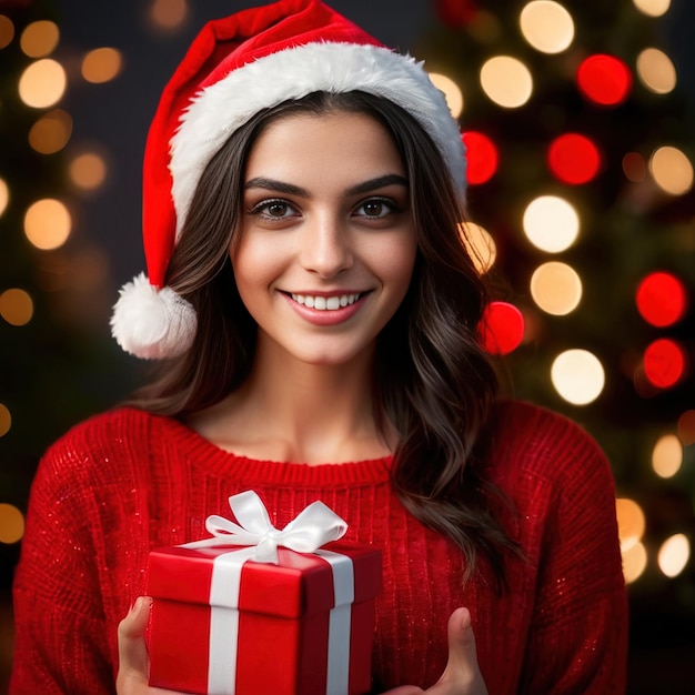 Mulher com chapéu de Papai Noel oferecendo presente de Natal