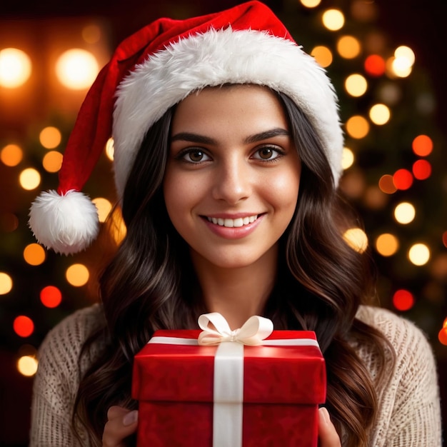 Mulher com chapéu de Papai Noel oferecendo presente de Natal