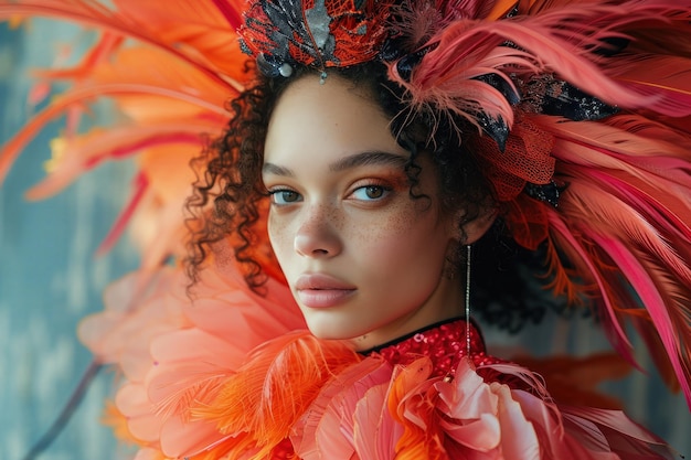 Mulher com chapéu de penas vermelhas e laranjas