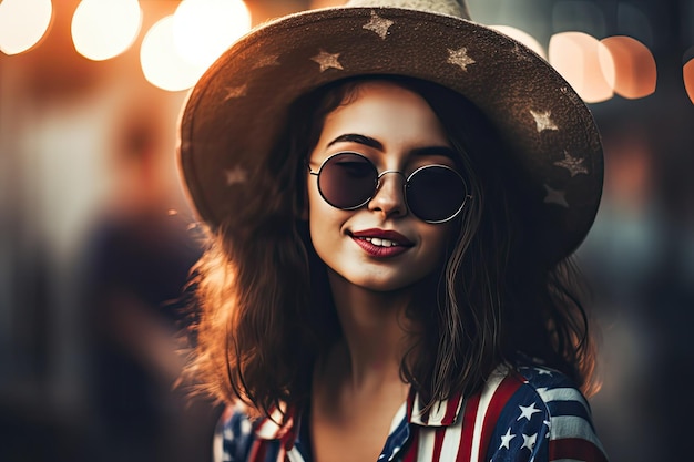 Mulher com chapéu e camisa com símbolos americanos garota bonita celebrando feriado nacional dos EUA