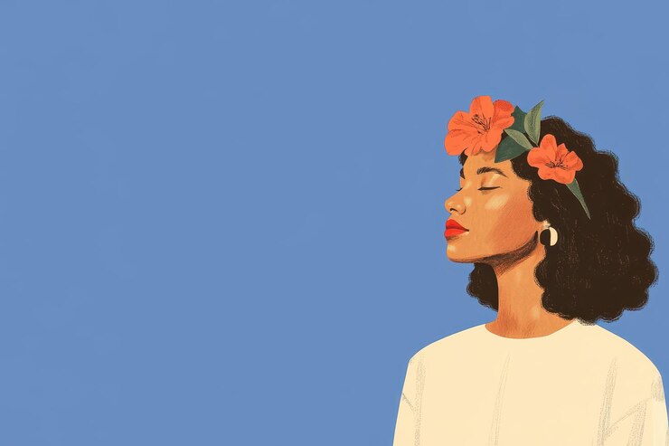 Foto mulher com chapéu floral contra fundo azul