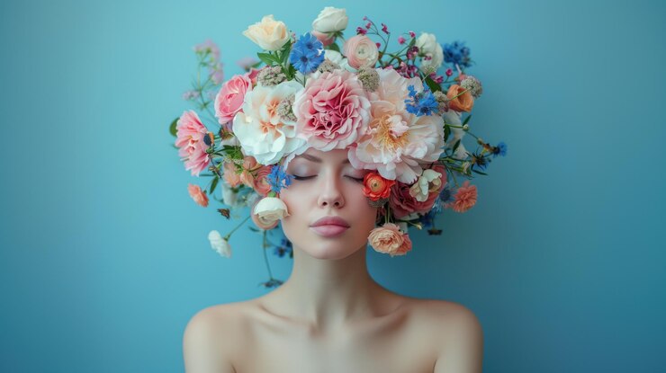 Foto mulher com chapéu floral retrato artístico com flores beleza criativa e moda