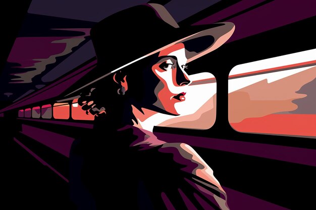 Mulher com chapéu grande está em um trem Bela imagem de ilustração IA generativa