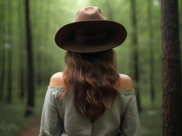 Mulher com chapéu na foto de trás de uma floresta