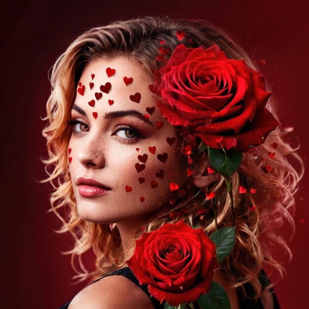 Mulher com corações e rosas mostrando amor e romance colagem digital