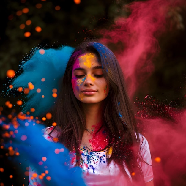 Mulher com cores na ocasião de Holi conceito para o festival indiano Holi salpico de cores