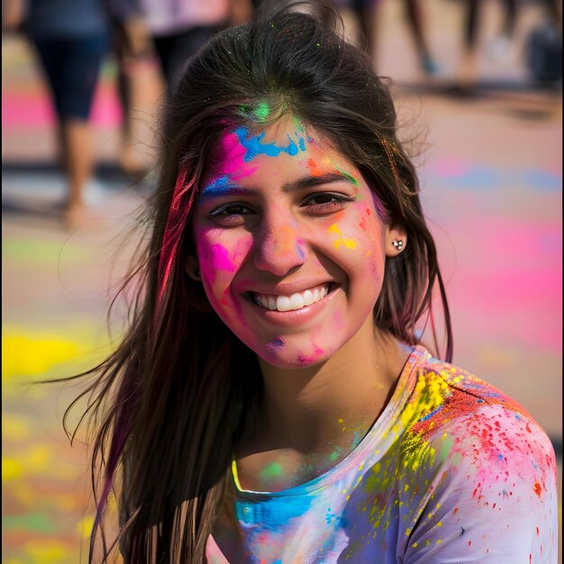 Mulher com cores na ocasião de Holi conceito para o festival indiano Holi salpico de cores