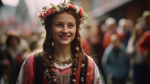 Mulher com coroa de flores na cabeça