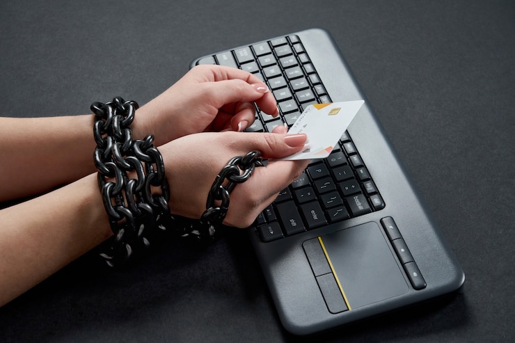 Foto mulher com corrente de metal segurando o cartão de crédito sobre o teclado, conceito de vício de compras on-line
