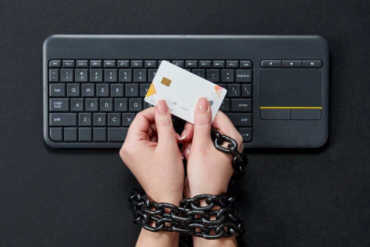 Foto mulher com corrente de metal segurando o cartão de crédito sobre o teclado, conceito de vício de compras on-line