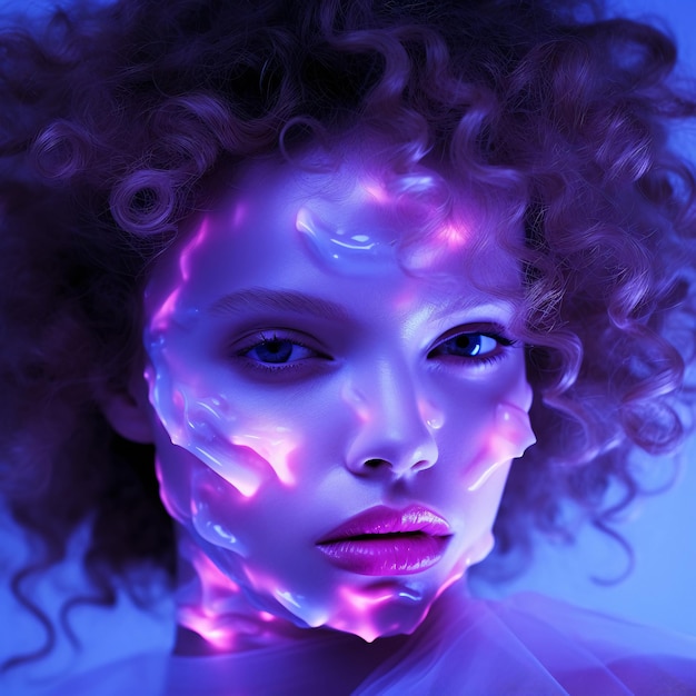 Mulher com creme facial violeta e lábios rosados em luz neon gerada por IA