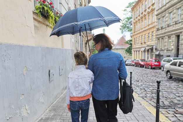 Mulher com criança menina andando sob um guarda-chuva na rua