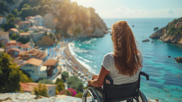 mulher com deficiência numa cadeira de rodas a olhar para o mar