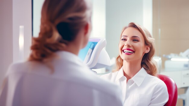 Mulher com dentes brancos como a neve no consultório do dentista