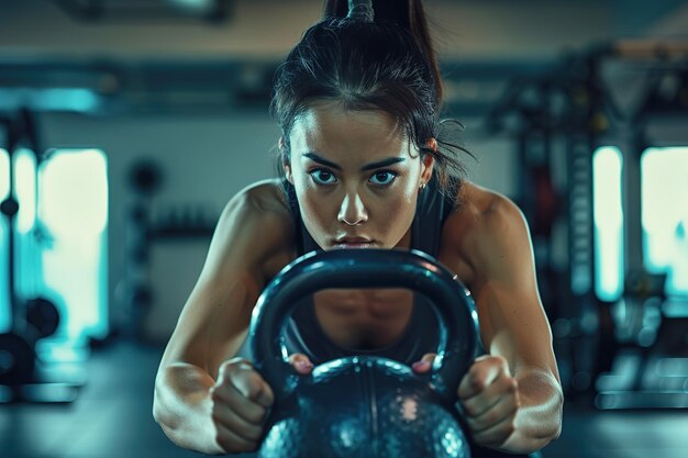 Mulher com determinação feroz levantando kettlebell no ginásio