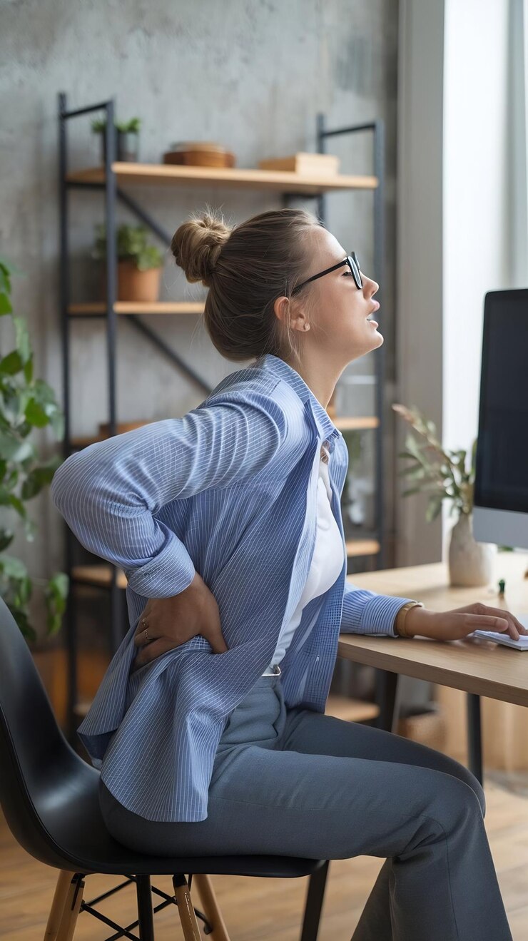 Foto mulher com dor de costas no trabalho conceito de ergonomia e saúde