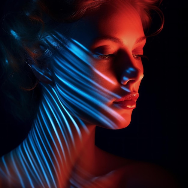 Mulher com duas cores de luz na frente do rosto em estilo de curvas turva luz de cor vermelha e azul Beleza retrato closeup longa exposição