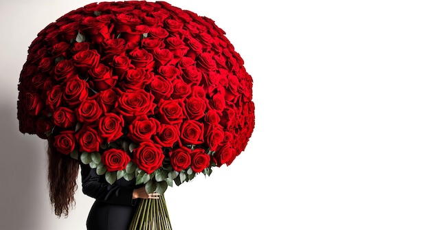 Mulher com enorme buquê de rosas vermelhas arranjo de flores