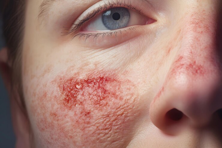 Foto mulher com erupção facial vermelha e avermelhada com danos na pele causados por alergia