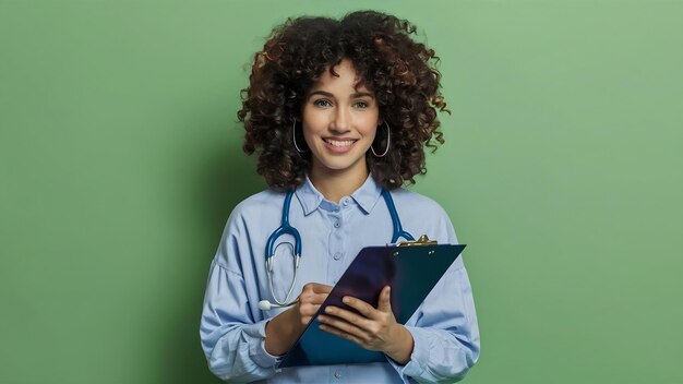 Foto mulher com estetoscópio segurando um caderno