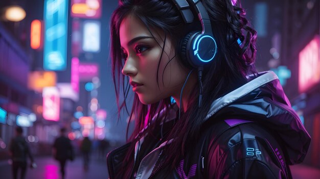 Mulher com estilo cyberpunk no estilo holográfico do fundo da cidade