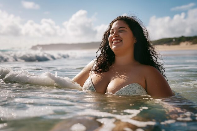 Mulher com excesso de peso e confiança sorrindo na água